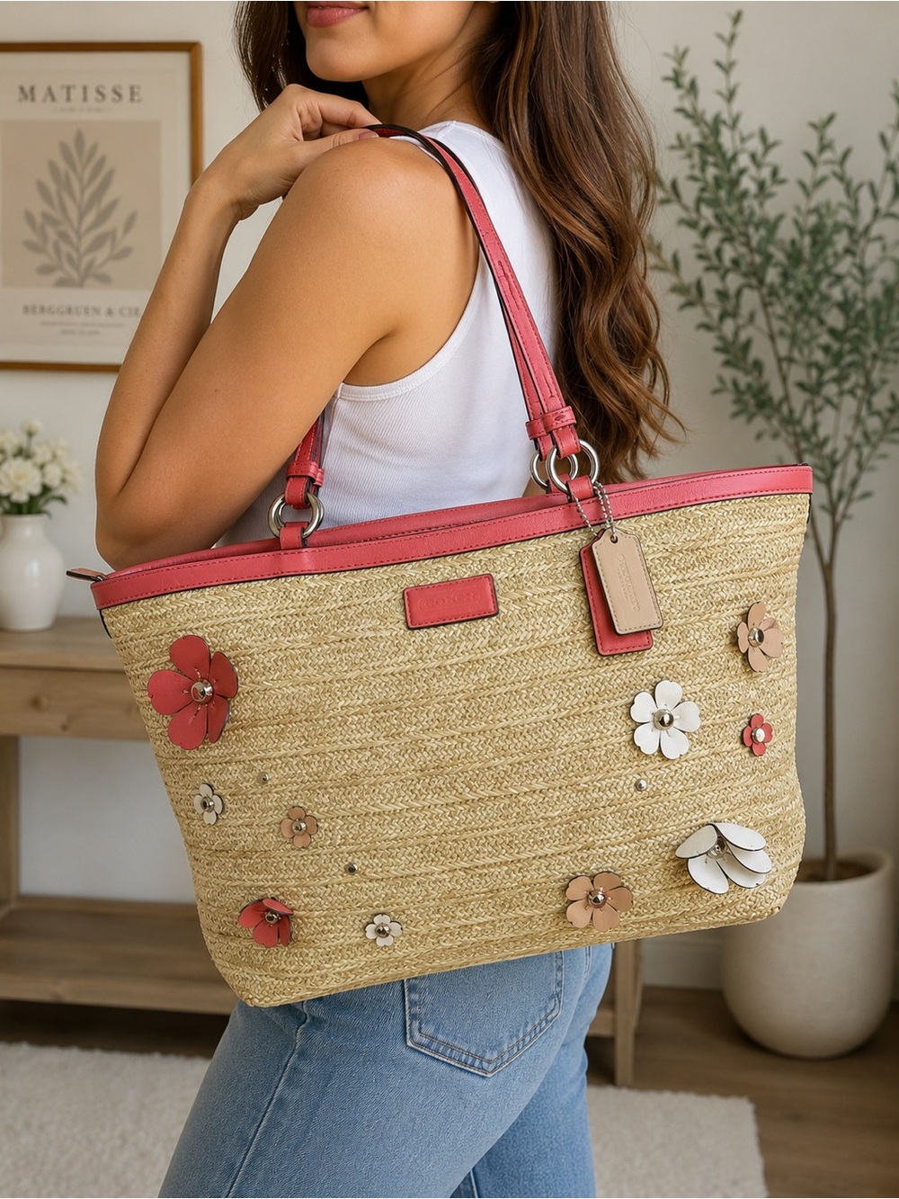 Coach Straw Floral Applique Tote Bag Pink Patent Leather Beach Shoulder F29861 - Picture 1 of 16